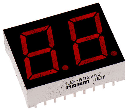 ROHM - LB-602VA2 - ROHM 2字符 7段 共阳 红色 LED 数码管 LB-602VA2, 16 mcd, 右侧小数点, 14.2mm高字符, 通孔安装		